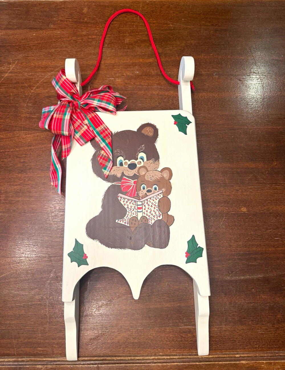 Vintage 1980s Folk Art Hand Painted Wooden Christmas Sled Wall Hanging Bear 21"